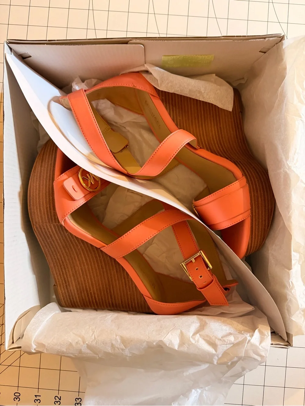 Michael Kors Coral Pink Wedge Sandals with Gold Buckle